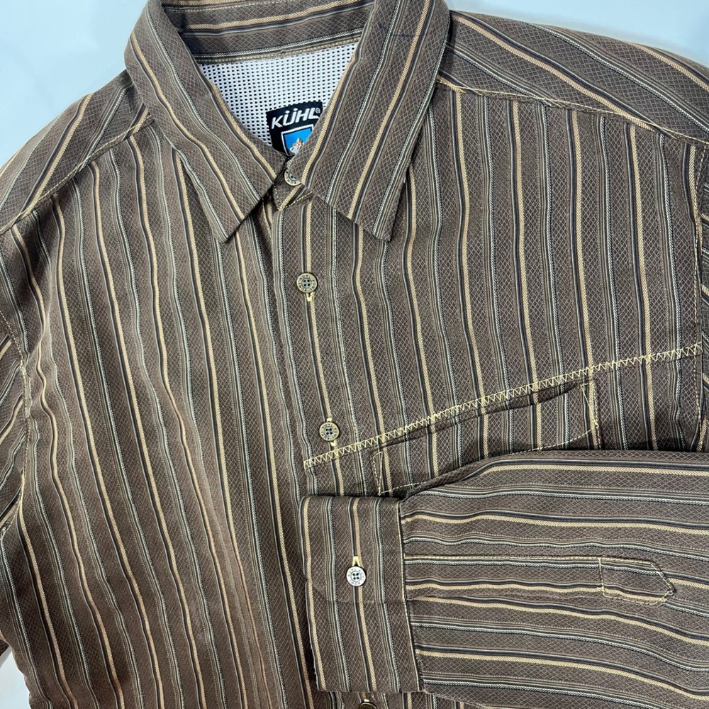 KUHL Button Up Shirt Mens Small Brown Striped Long Sleeve Gorpcore Outdoor